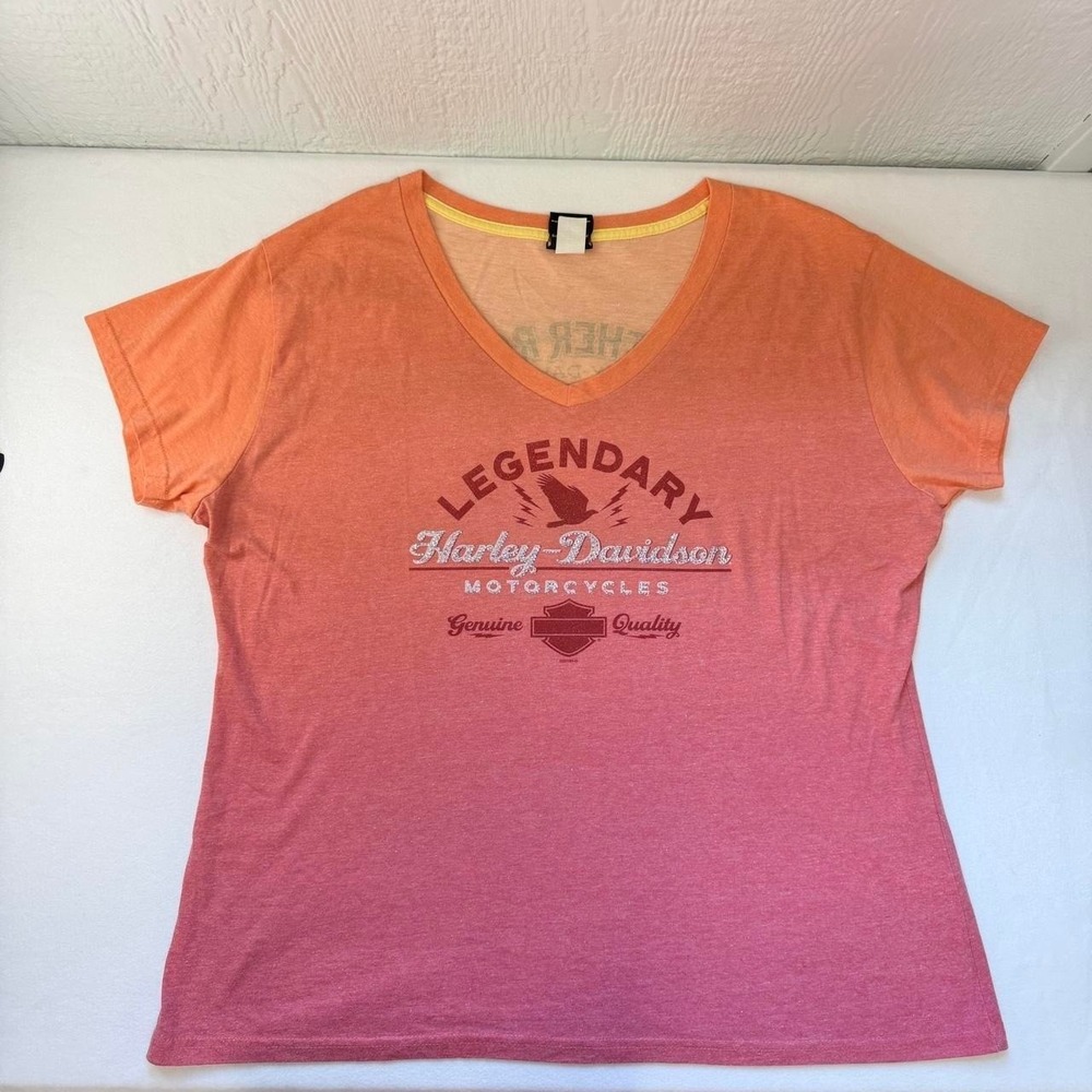 Harley Davidson Womens 3XL Ombre V-Neck Shirt Route 66 Rhinestone Graphic